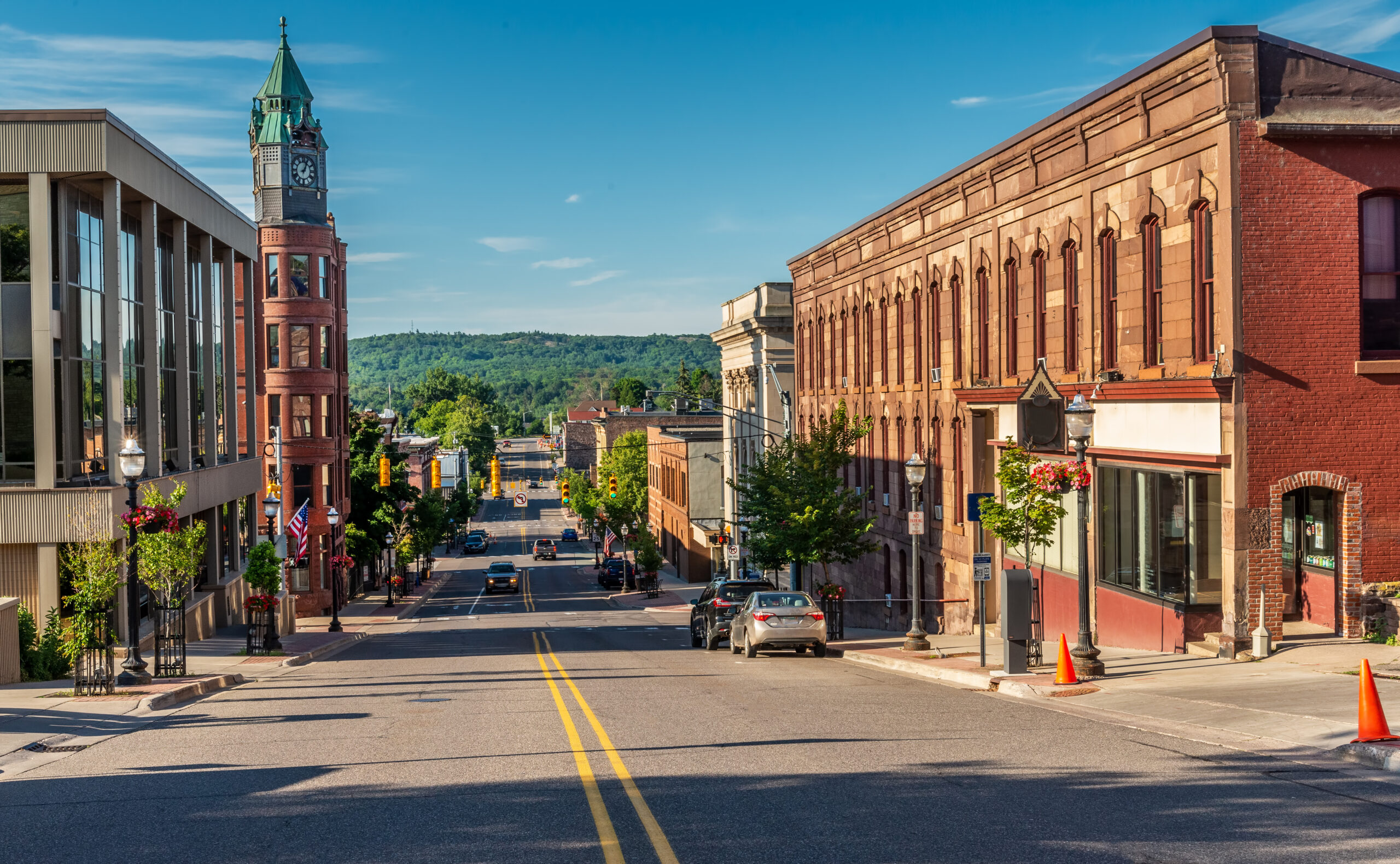 Business district Marquette Michigan on hill side main street